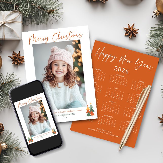 2026 Cute Burnt Orange Christmas Photo Calendar Holiday Card (2026 Cute Burnt Orange Christmas Photo Calendar Holiday Cards with Downloadable Option)