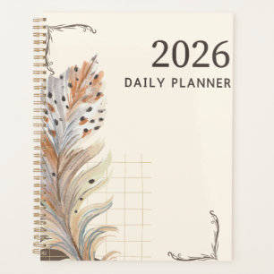 "2026 Daily Planner"   Earthy Feather & Grid  Planner