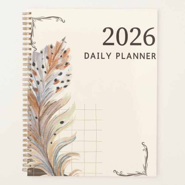 "2026 Daily Planner" | Earthy Feather & Grid  Planner (Front)