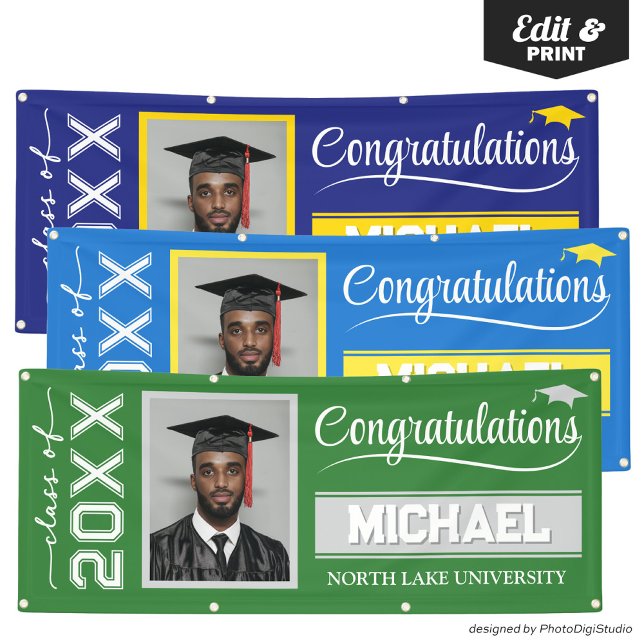 2026 Editable Graduation Banner with Name & School (2025 Editable Graduation Banner with Name & School, Green and Silver Banner Outdoor Horizontal)