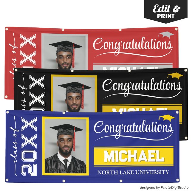 2026 Editable Graduation Banner with Name & School (2025 Editable Graduation Banner with Name & School, Navy Blue and Gold Banner Outdoor Horizontal)
