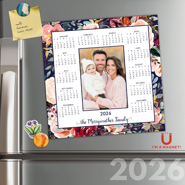 2026 Elegant Blue Floral Photo Magnetic Calendar (2026 Elegant Blue Floral Photo Magnetic Calendar)