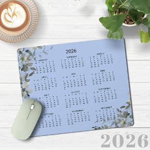 2026 Elegant French Blue Eucalyptus Desk Calendar Mouse Pad