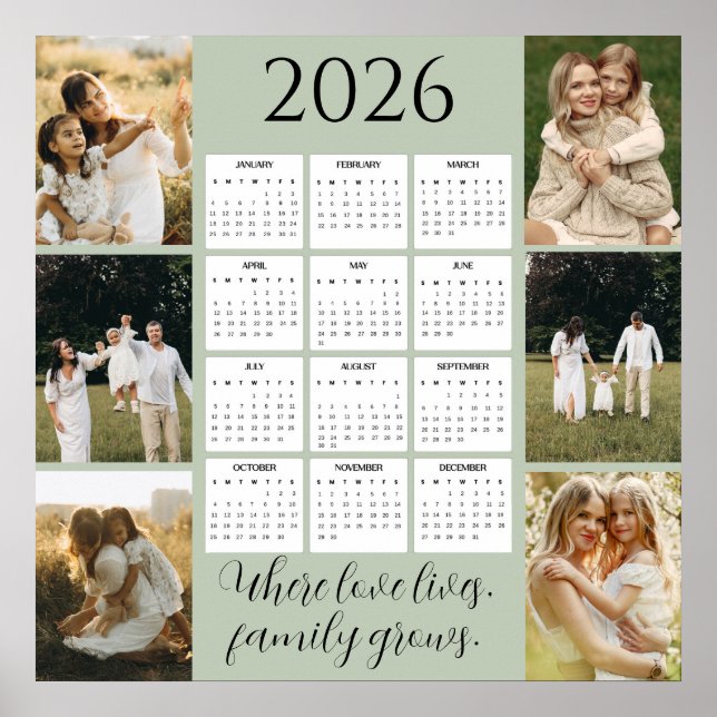 2026 Family Calendar with Space for 6 Portraits Poster (Front)