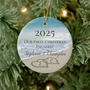 2026 First Christmas Engaged Beach Hearts Initials Ceramic Ornament