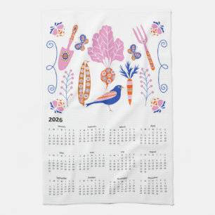 2026 Folk Art Cottagecore Vegetable Plot Calendar Kitchen Towel