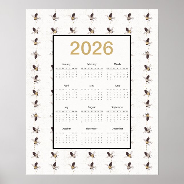 2026 Full Year Bees Calendar Poster (Front)