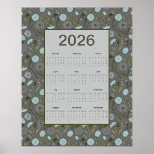 2026 Full Year Calendar Gray Blue Dandelion Poster
