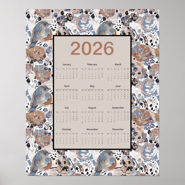 2026 Full Year Floral Bluebird Calendar Poster (Front)