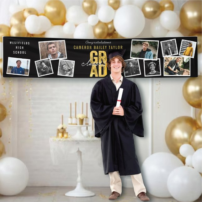 2026 Gold GRAD 10 Photo Modern Graduation Party Banner (20YY Golden Bold GRAD 10 Photo Collage Modern Graduation Party Banner @ zazzle.com/color_therapy)