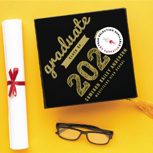 2026 Gold Graduate Bold Sketched Typography Modern Graduation Cap Topper