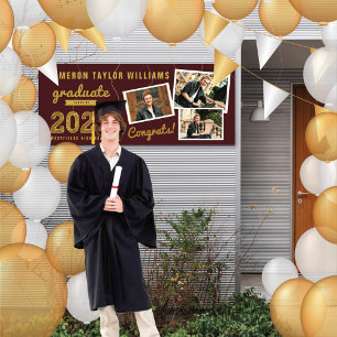 2026 Gold Graduate Sketch 3 Photo Graduation Party Banner