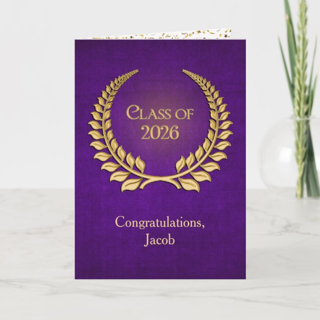 2026 Gold Graduation Laurel Wreath On Purple Card (Front)