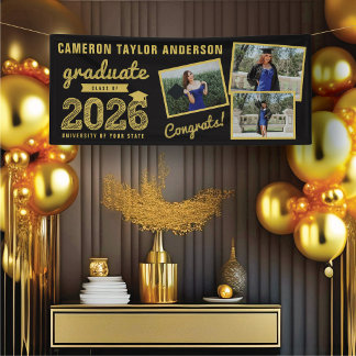 2026 Gold Sketch 3 Photo Collage Modern Grad Party Banner