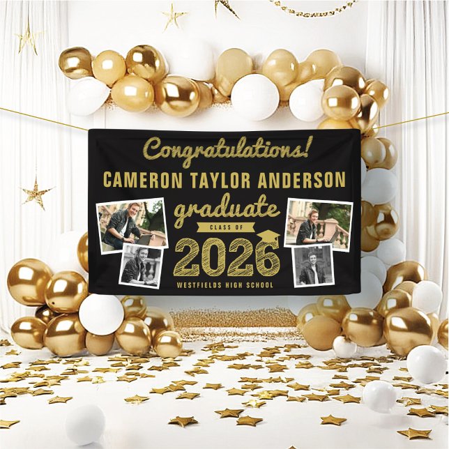2026 Gold Sketch 4 Photo Congrats Graduation Party Banner (2026 Black And Gold Sketch 4 Photo Modern Graduation Party Banner @ www.zazzle.com/color_therapy)