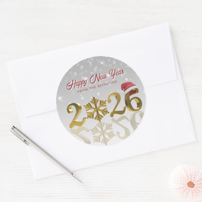 2026 Golden New Year with Snowflake and Santa Hat Classic Round Sticker (Envelope)