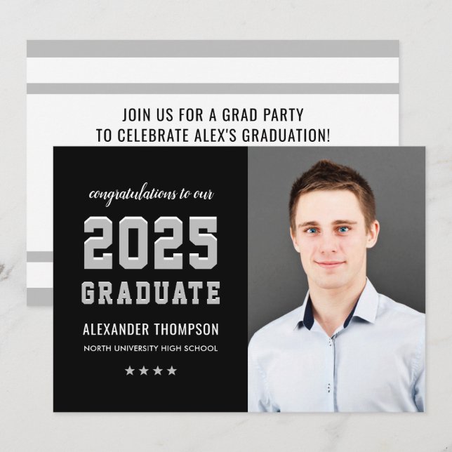 2026 Graduate Black Gray Graduation Party Photo Invitation (Front/Back)