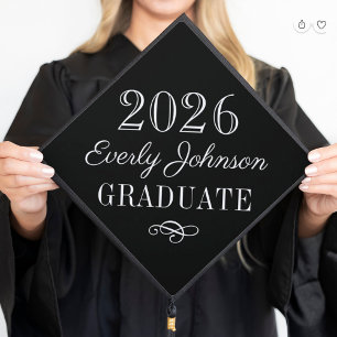 2026 Graduate Elegant Black and White Custom Graduation Cap Topper