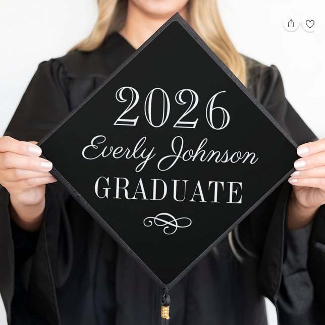 2026 Graduate Elegant Black and White Custom Graduation Cap Topper (Creator Uploaded)
