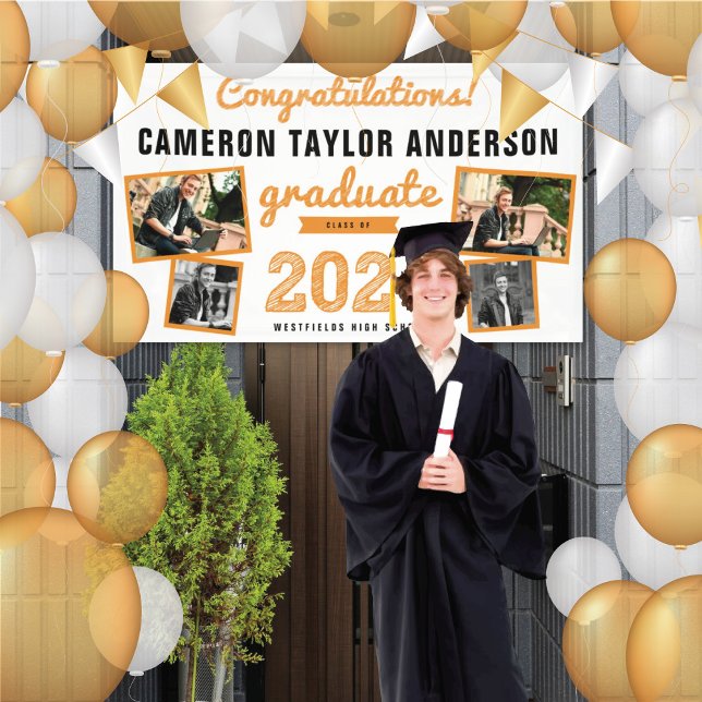2026 Graduate Sketch 4 Photo Modern Graduate Party Banner (20YY White & Orange Sketch 4 Photo Modern Graduation Party Banner @ www.zazzle.com/color_therapy)
