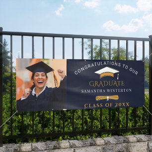 2026 Graduation Photo Navy Blue Gold Grad Banner