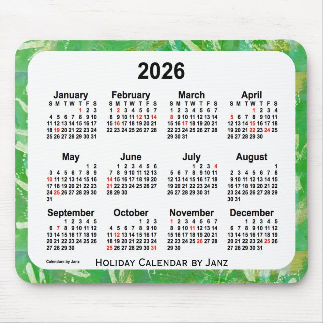 2026 Green Holiday Art Calendar by Janz Mouse Pad (Front)
