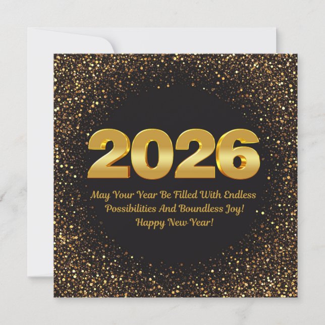 2026 happy new year, black gold glitters luxury card (Front)