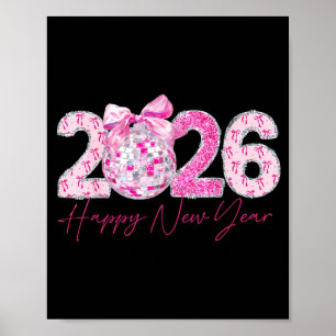 2026 Happy New Year Bow Patch Disco Ball  Poster
