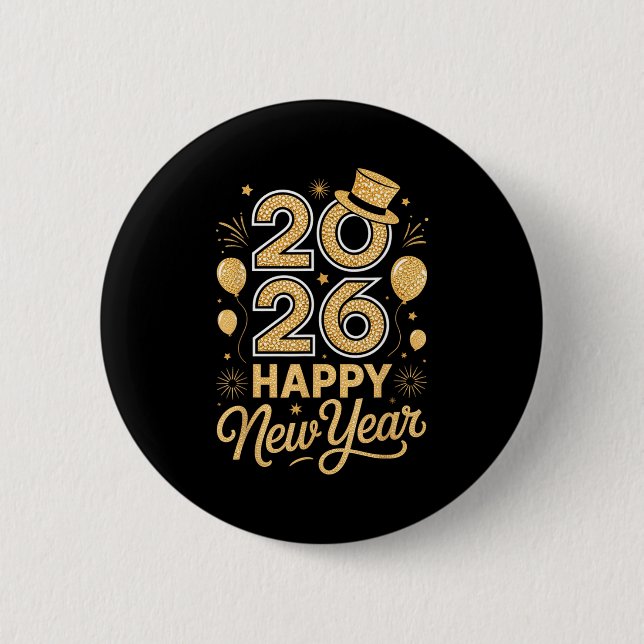 2026 Happy New Year Festive Top Hat Balloon Firewo 2 Inch Round Button (Front)