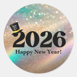 2026 happy new year, fun cute hat glitters classic round sticker