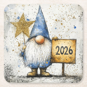 2026, Happy New Year, gnome, Square Paper Coaster