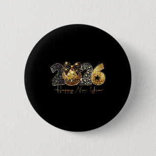 2026 Happy New Year Gold Disco Leopard Bow Coquett 2 Inch Round Button
