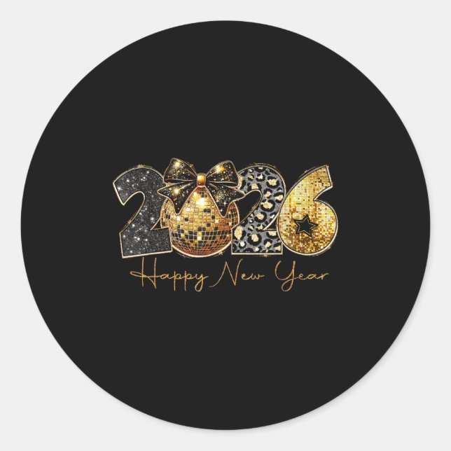 2026 Happy New Year Gold Disco Leopard Bow Coquett Classic Round Sticker (Front)