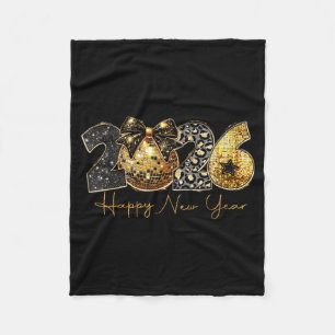 2026 Happy New Year Gold Disco Leopard Bow Coquett Fleece Blanket