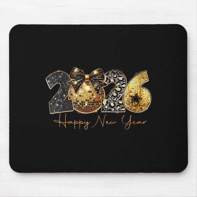 2026 Happy New Year Gold Disco Leopard Bow Coquett Mouse Pad (Front)