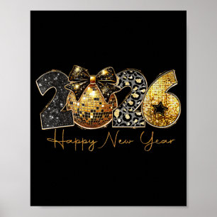 2026 Happy New Year Gold Disco Leopard Bow Coquett Poster