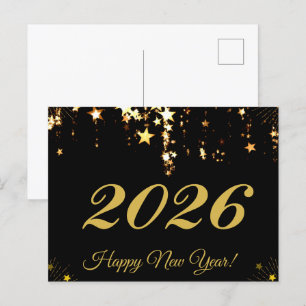 2026,Happy new year!gold stars & black background Postcard