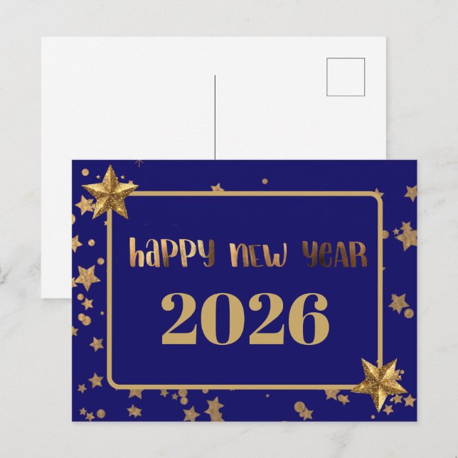 2026,Happy new year!gold stars & navy background Postcard (Front/Back)