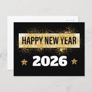 2026,Happy New Year! Shiny Stars Gold & Black  Postcard