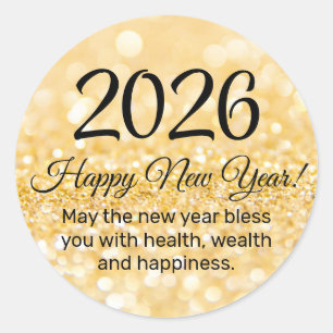 2026 happy new year, stylish script, gold glitters classic round sticker