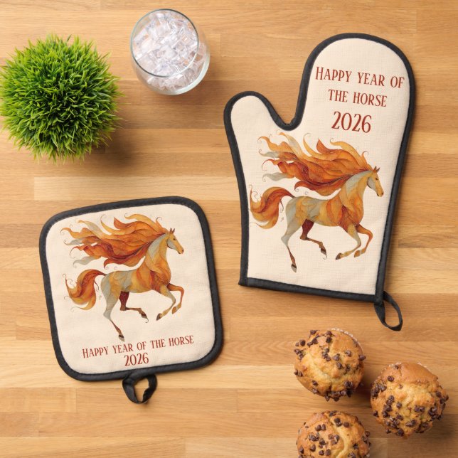 2026 Happy Year of the Horse Design Oven Mitt & Pot Holder Set (Top Down)