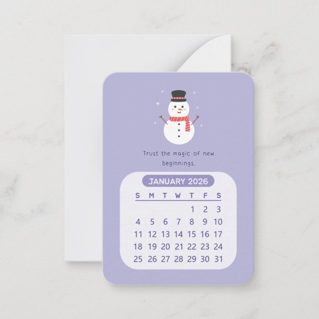 2026 January Monthly Kawaii Motivational Calendar Card (Front)