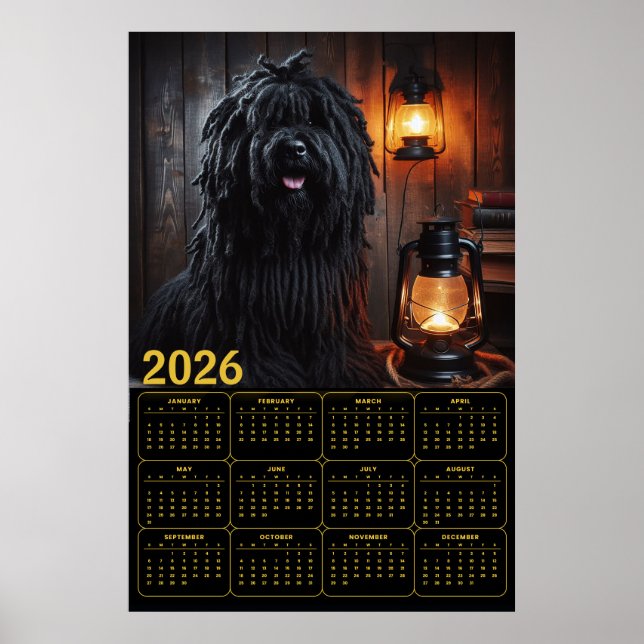 2026 Komondor with Lanterns and Books Calendar Poster (Front)