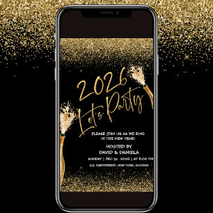 2026 Lets Party Black Gold New Year Invitation