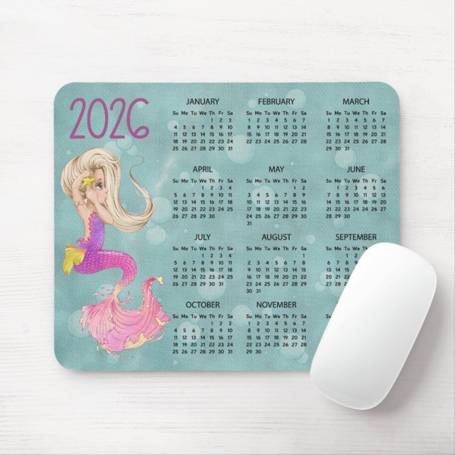 2026 Mermaid Desk Calendar Mouse Pad (With Mouse)