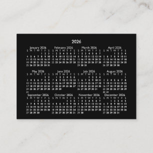 2026 Mini POCKET Calendar SUNDAY Start BLACK Business Card