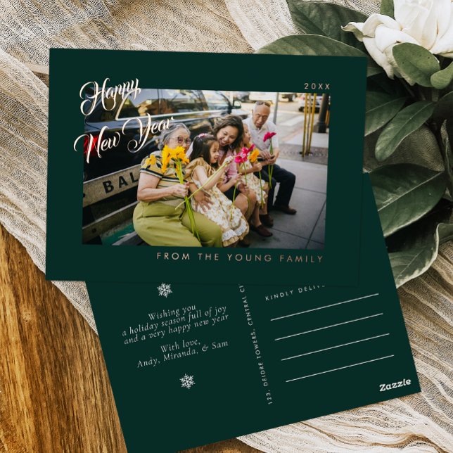 2026 Minimalist Modern Script Green Photo Foil Holiday Postcard (Creator Uploaded)