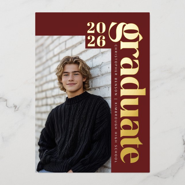 2026 Modern Dark Red Photo Graduation Gold (Front)