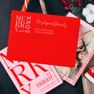 2026 Modern Merry and Bright Red Pink Christmas Envelope