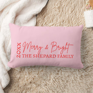 2026 Modern Merry and Bright Red Pink Christmas Lumbar Pillow
